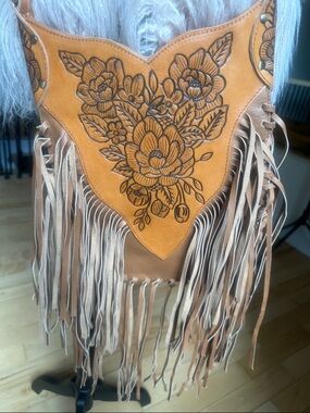 Fringed Tooled Leather Bag with Floral Design - Tan
